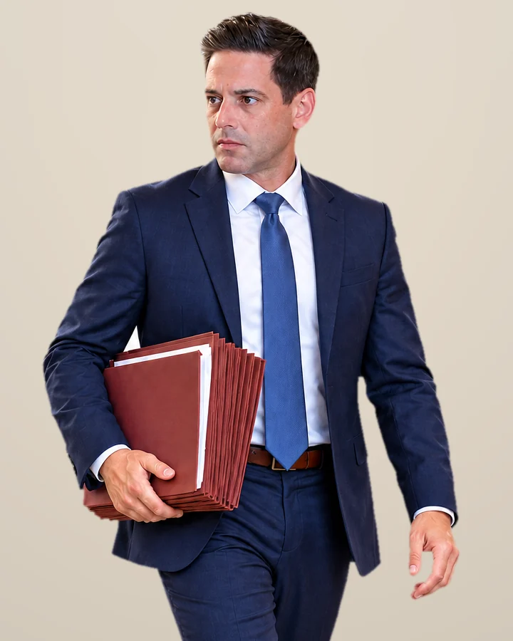 Stephen K. Luxton walking with a stack of case files